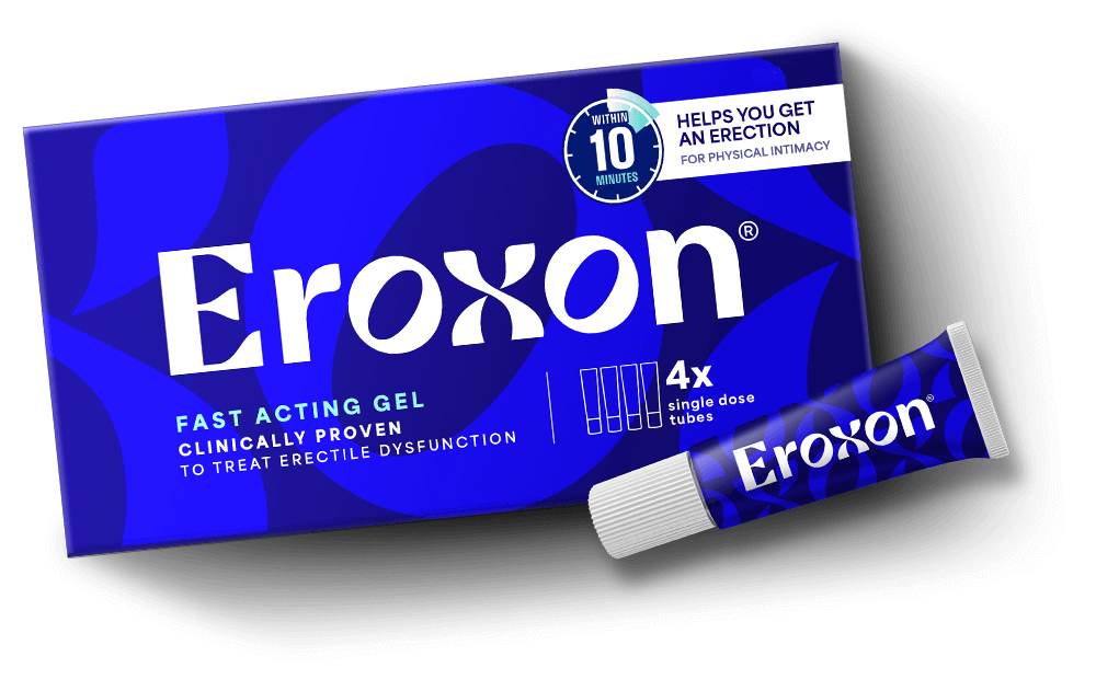 Packaging for 'Eroxon' fast-acting gel, displayed with box and tube against a blue background.