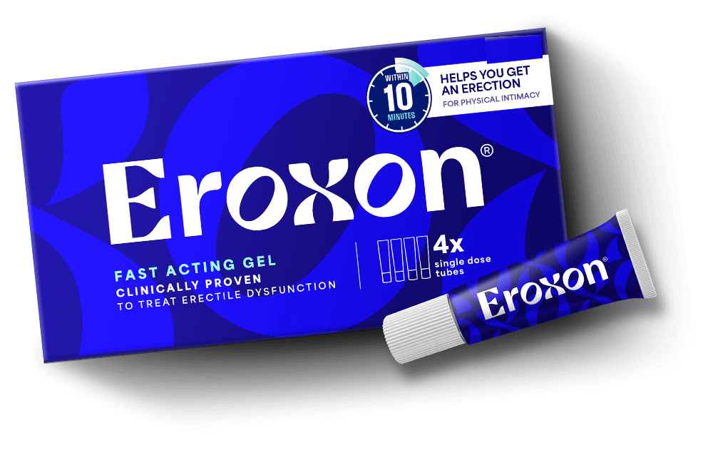 Packaging for 'Eroxon' fast-acting gel, displayed with box and tube against a blue background.